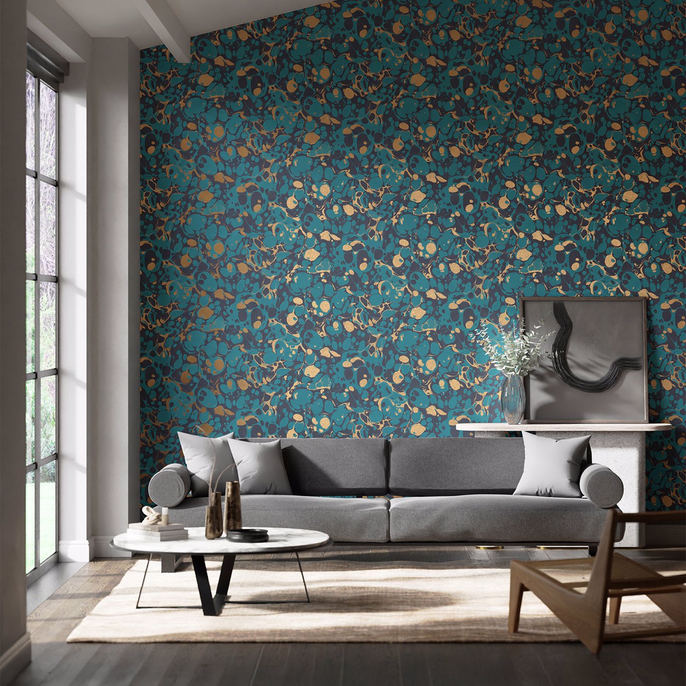 Marble Wallpaper - Azurite/ Copper/Japanese Ink - HQN2112837
