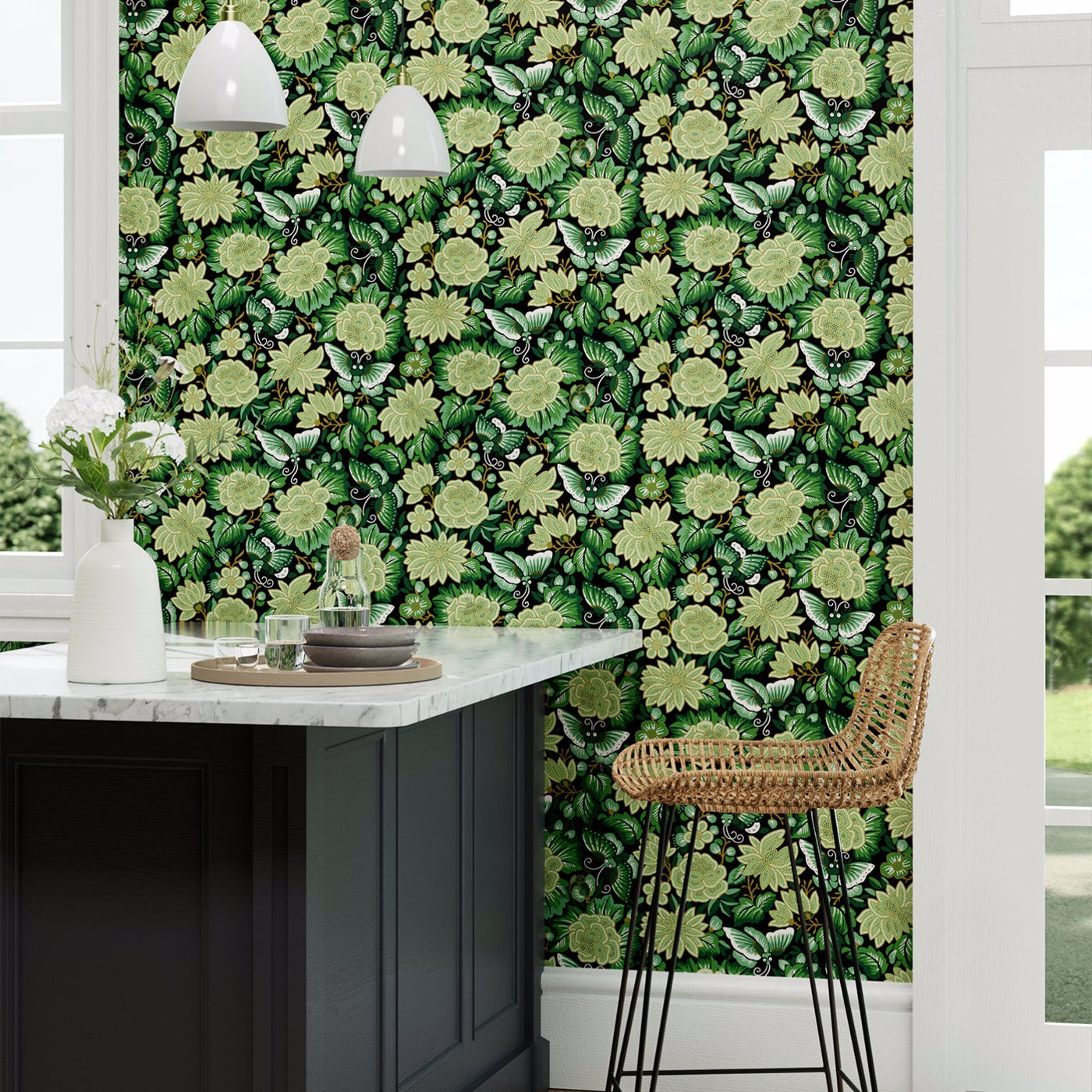 Amara Butterfly Wallpaper - Emerald/Ink Black - Sanderson - DWAW217117 - Morris Wallpaper