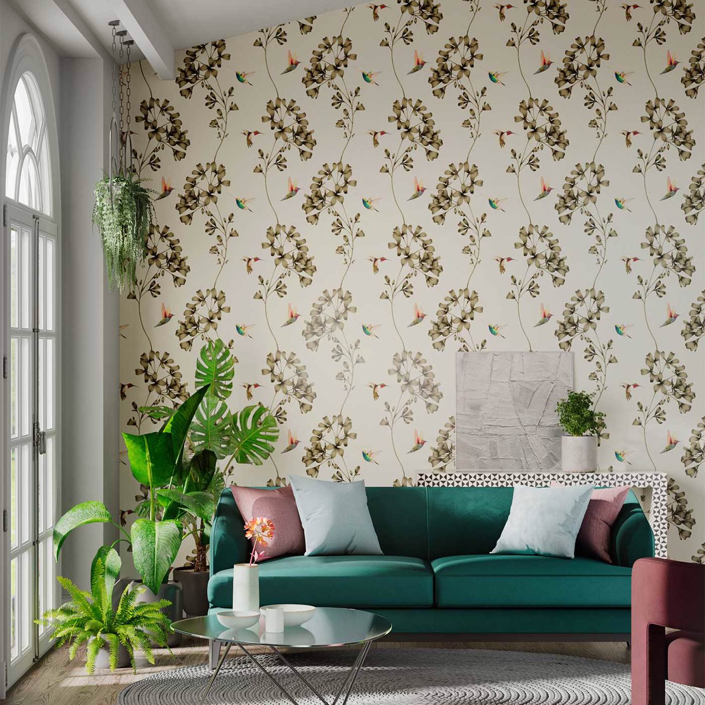Amazilia Wallpaper - Stone/Gold - Harlequin - HTEW112607 - Morris Wallpaper