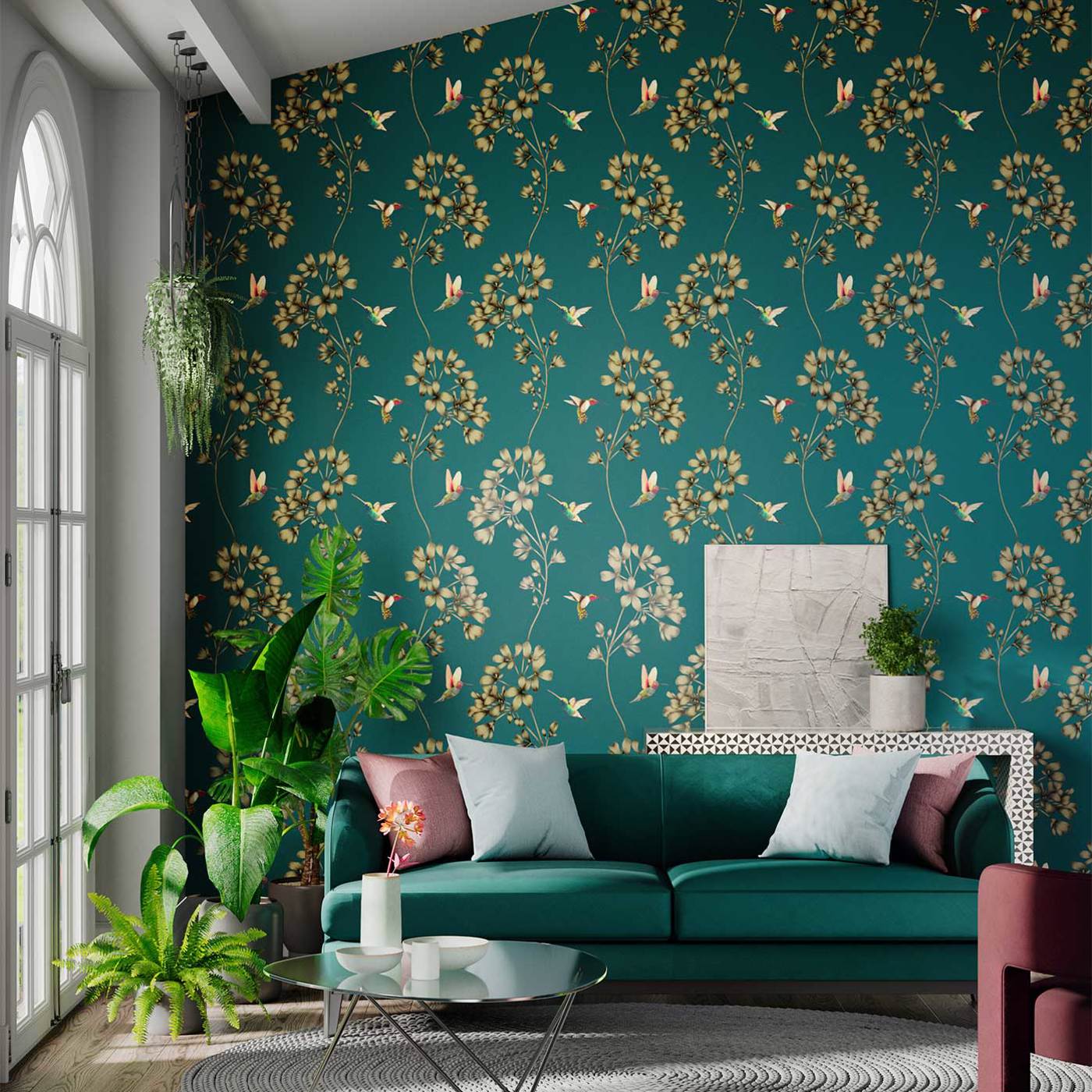 Amazilia Wallpaper - Teal/Gold - Harlequin - HTEW112604 - Morris Wallpaper