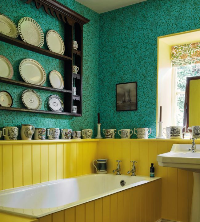 Bird & Anemone Wallpaper - Olive/Turquoise - 216958 - Morris & Co