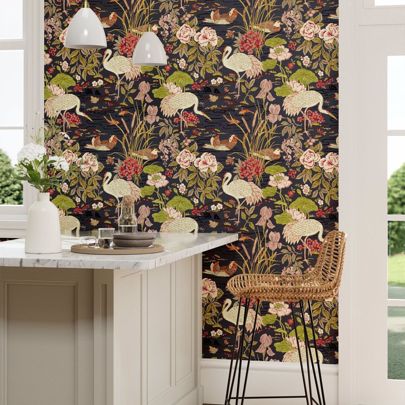 Crane & Frog Wallpaper - Ink Black/Multi - Sanderson - DWAW217123 - Morris Wallpaper