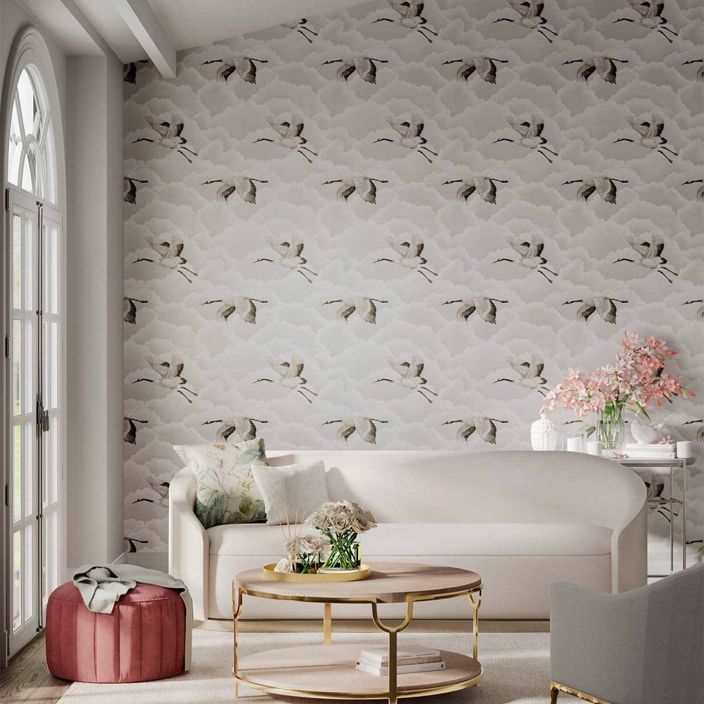 Cranes in Flight Wallpaper - Platinum - Harlequin - HGAT111230 - Morris Wallpaper