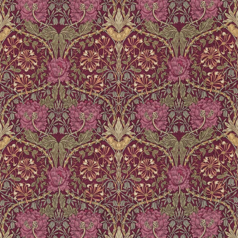 Honeysuckle & Tulip Fabric - Wine/Bayleaf - Morris & Co - DMORHO204 - Premier Wallcovering