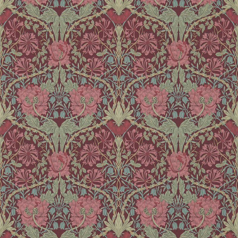 Honeysuckle & Tulip Wallpaper - Burgundy/Sage - Morris & Co - 214703 - Morris Wallpaper
