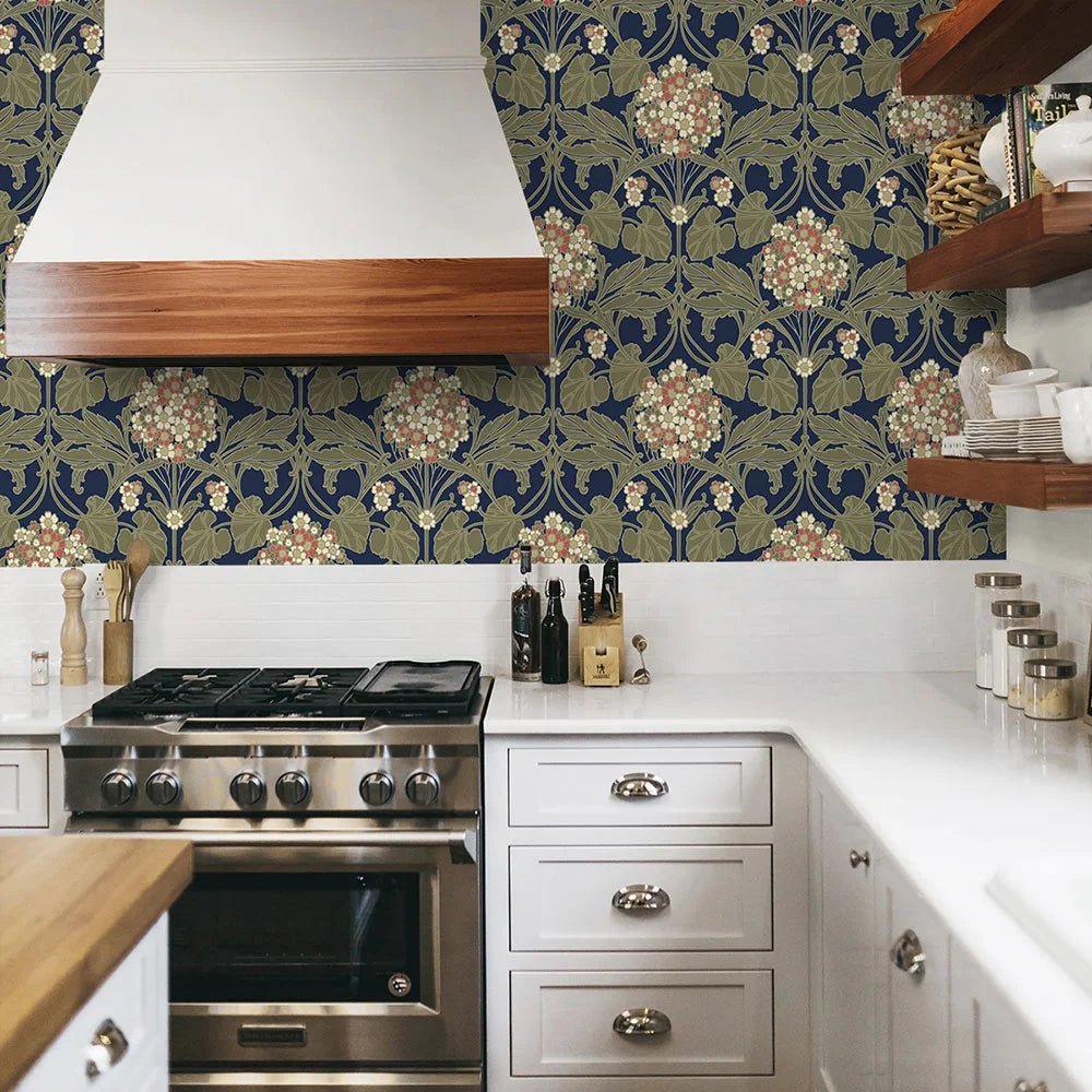 Hydrangea Floral Wallpaper - Dark Blue & Terracotta - NextWall - NW60402 - Morris Wallpaper