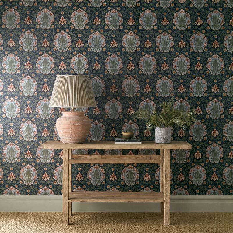 Iris & Rose Wallpaper - Indigo/Thyme - Morris & Co - 217568 - Morris Wallpaper