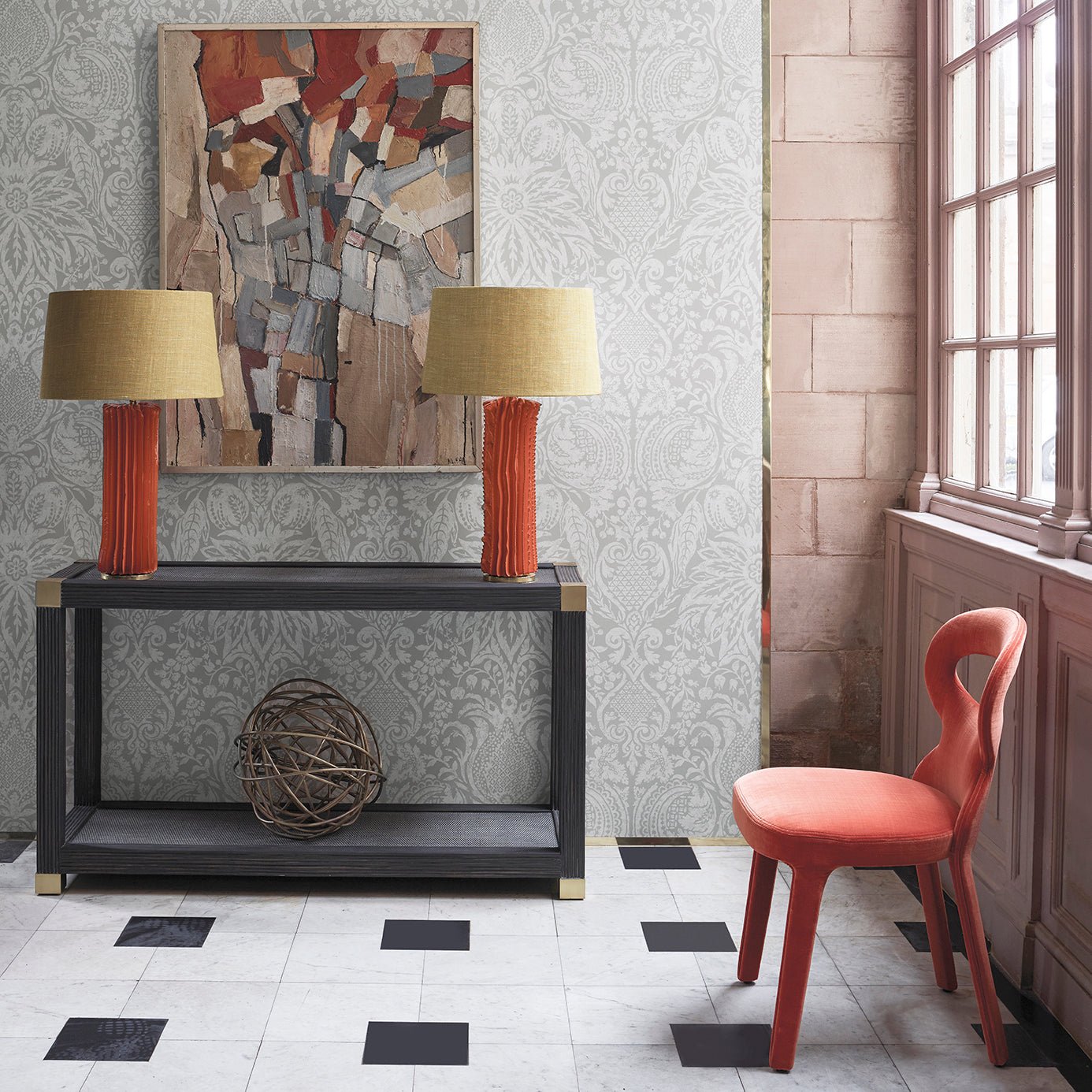 Mitford Damask Wallpaper - Platinum Grey - Zoffany - ZDAR312863 - Morris Wallpaper