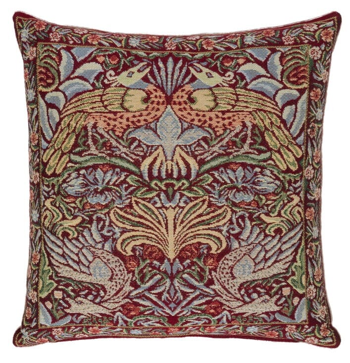 Peacock & Dragon Red Tapestry Cushion with Feather Filler - Hines - 828 - Morris Wallpaper