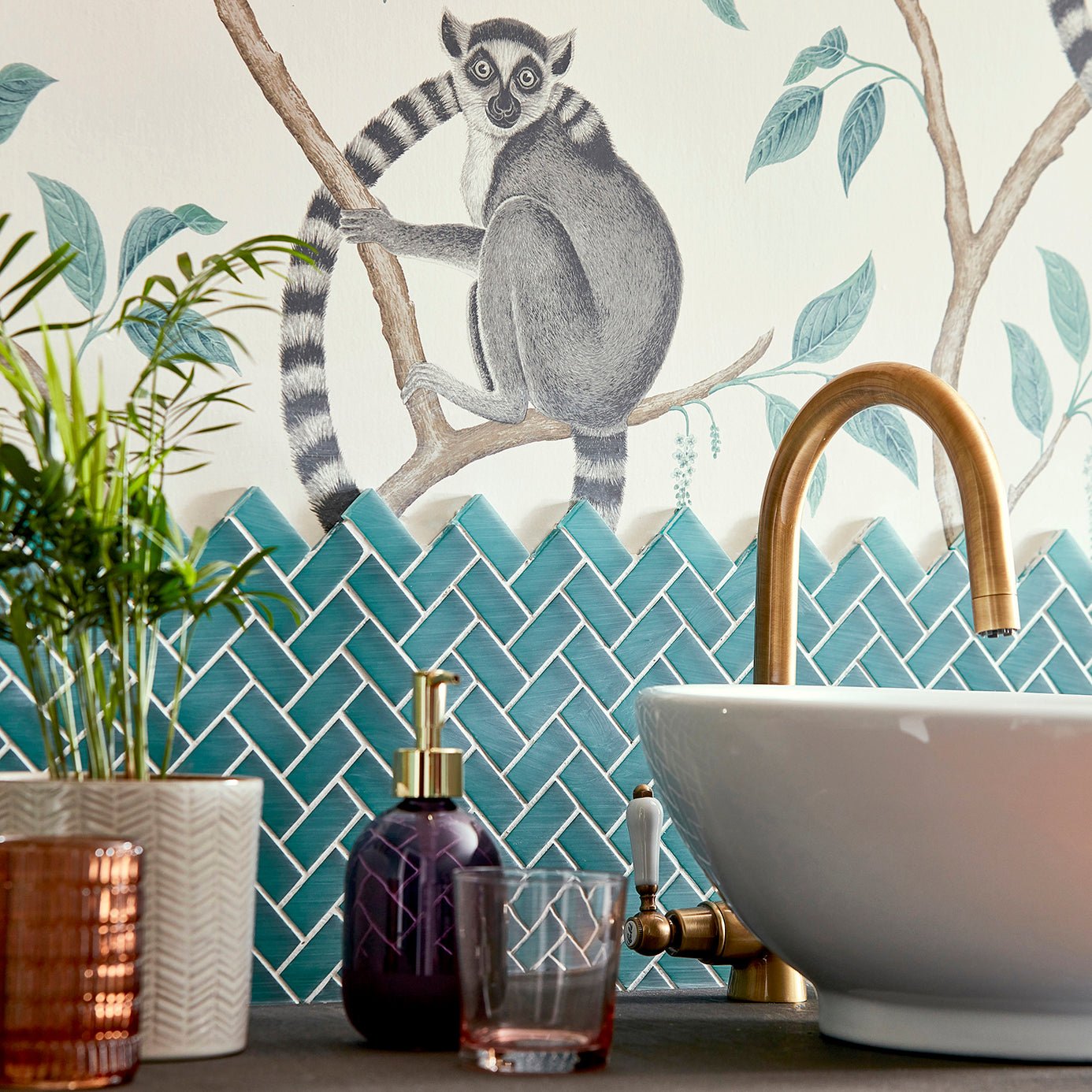 Ringtailed Lemur Wallpaper - Teal - Sanderson - DGLW216663 - Morris Wallpaper