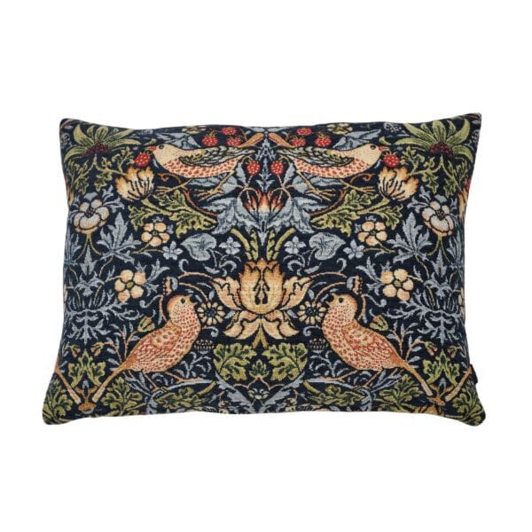 Strawberry Thief Navy Tapestry Cushion with Feather Filler - Hines - 1268 - Morris Wallpaper