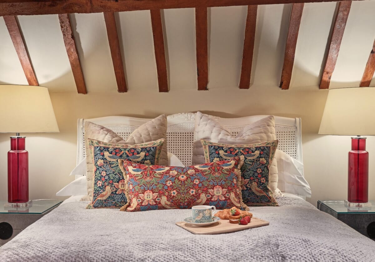 Strawberry Thief Red Tapestry Cushion with Gold Fringe with Feather Filler - Hines - 1073L - Morris Wallpaper