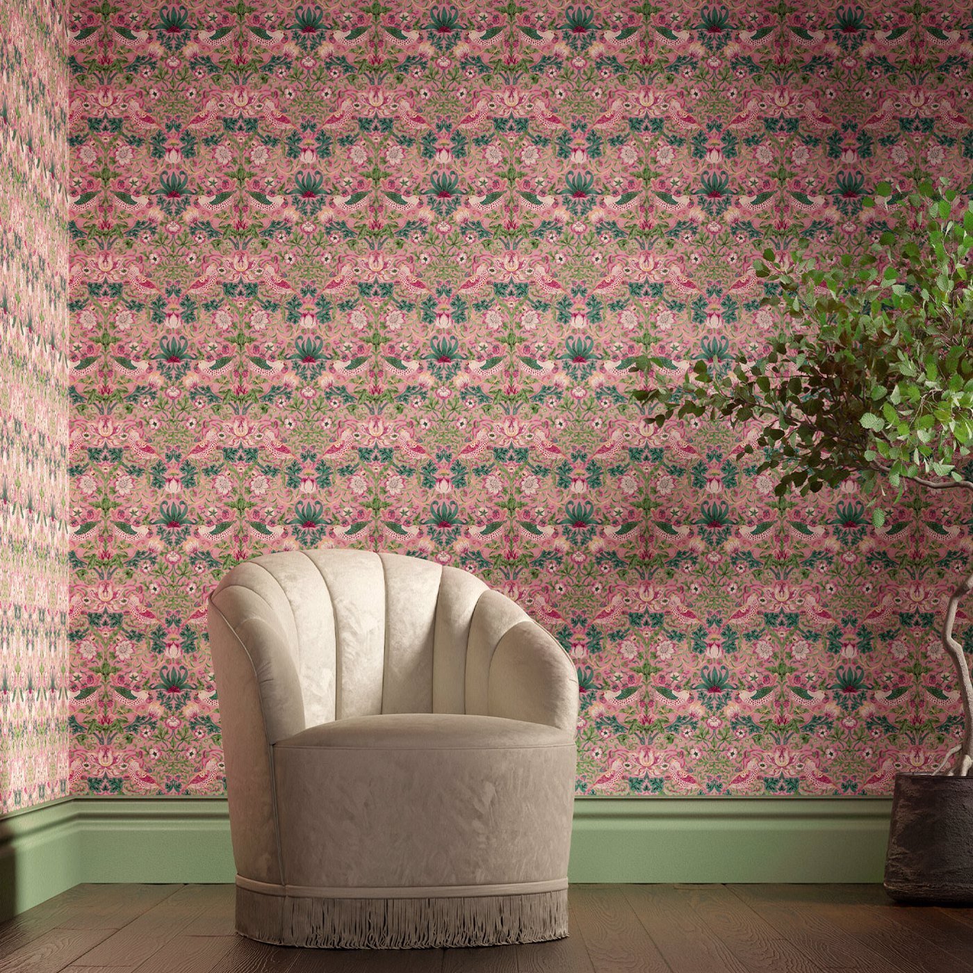 Strawberry Thief Wallpaper - Miami Strip - 510021 - Morris & Co