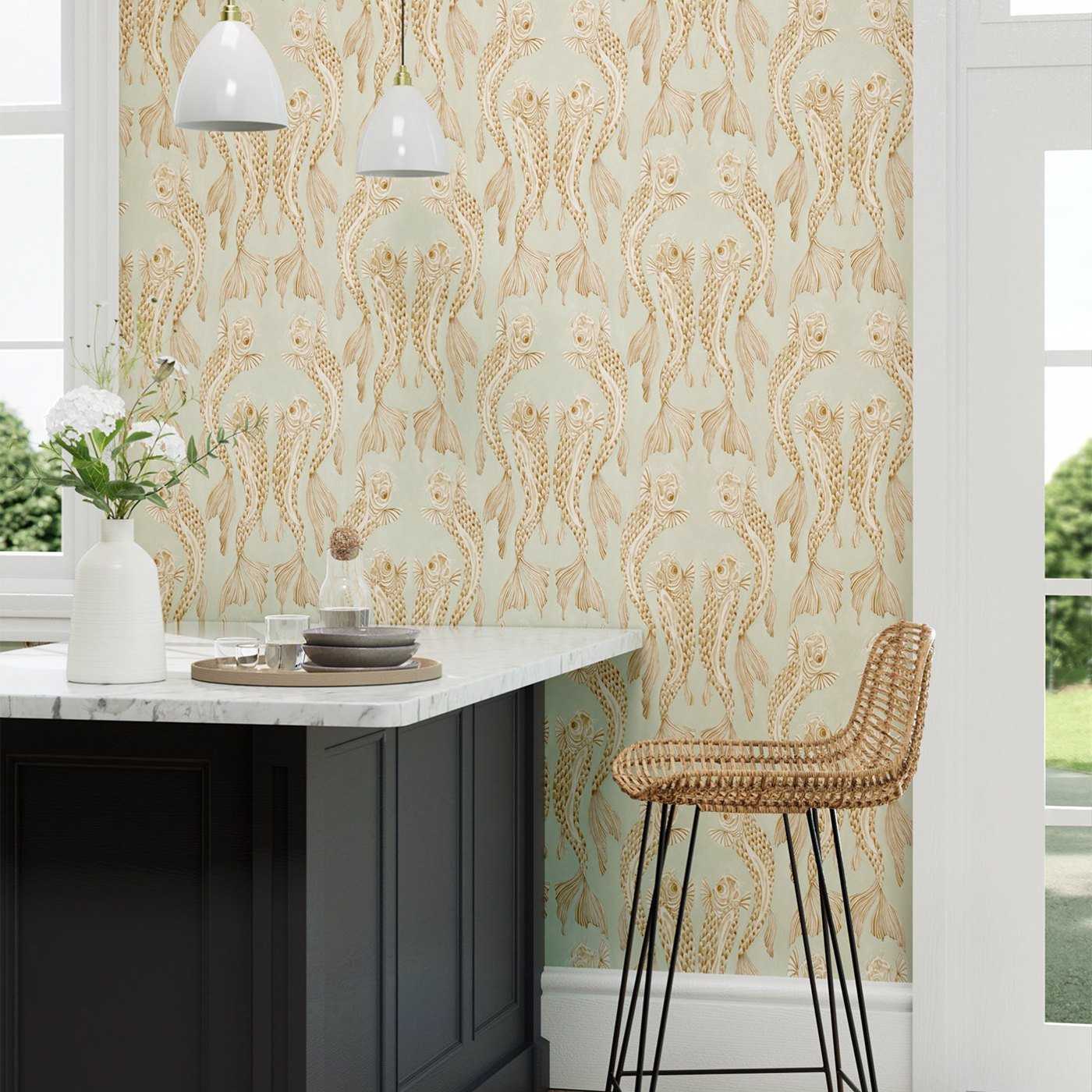 Voyaging Koi Wallpaper - Oriental Green/Honey - Sanderson - DWAW217114 - Morris Wallpaper