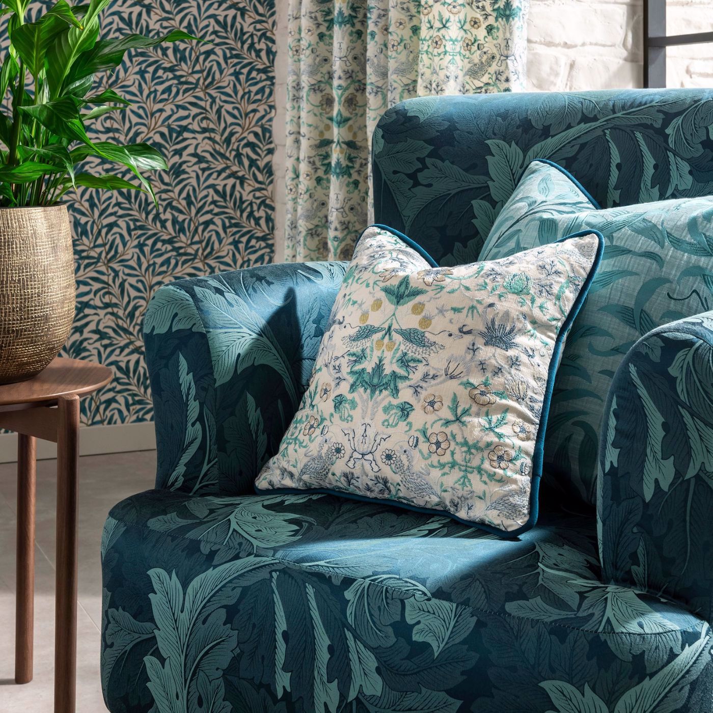 Acanthus Jacquard Fabric - Teal - Clarke & Clarke - F1740/06 - Morris Wallpaper