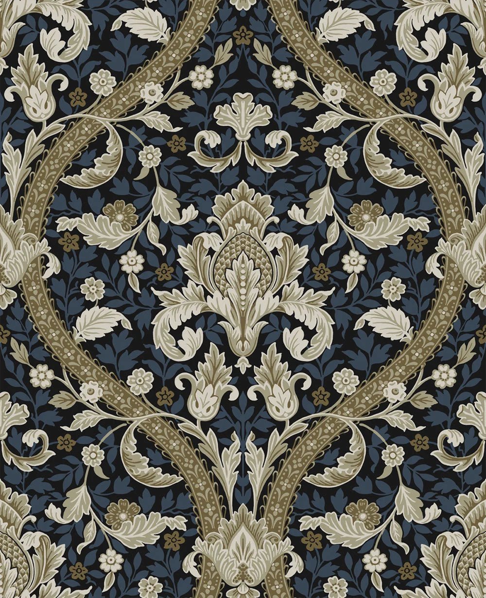 Acanthus Ogee Wallpaper - Blue & Natural - NextWall - NW59002 - Morris Wallpaper