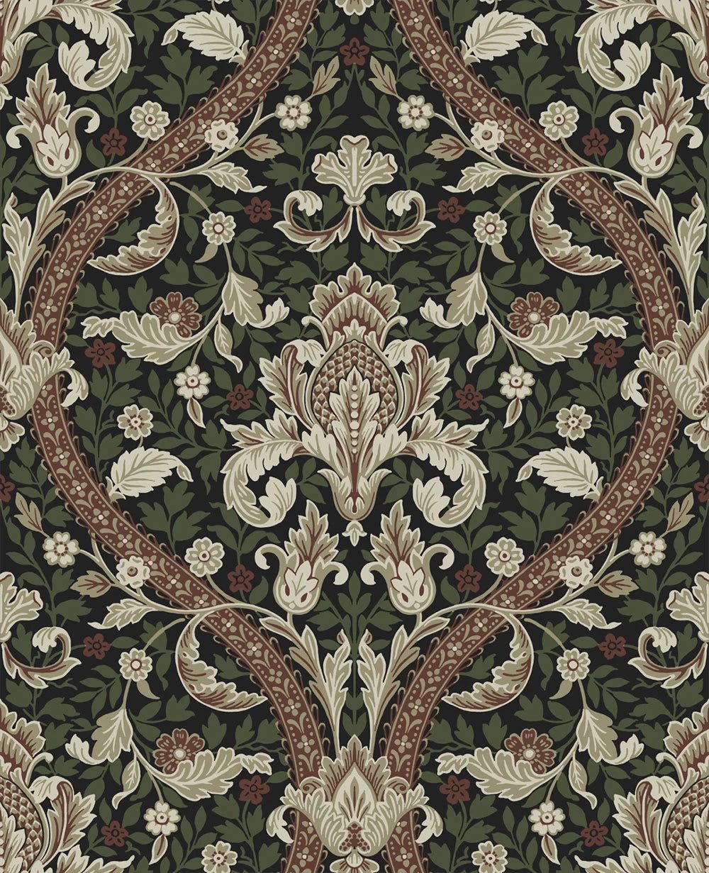 Acanthus Ogee Wallpaper - Ebony & Clay - NextWall - NW59001 - Morris Wallpaper