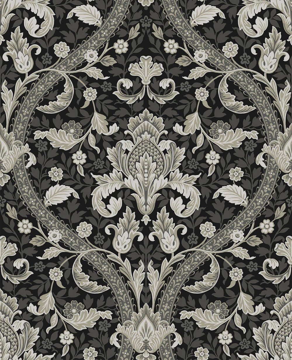 Acanthus Ogee Wallpaper - Ebony & Cliffside - NextWall - NW59000 - Morris Wallpaper