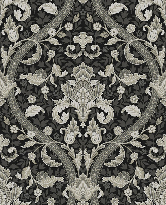 Acanthus Ogee Wallpaper - Ebony & Cliffside - NextWall - NW59000 - Morris Wallpaper