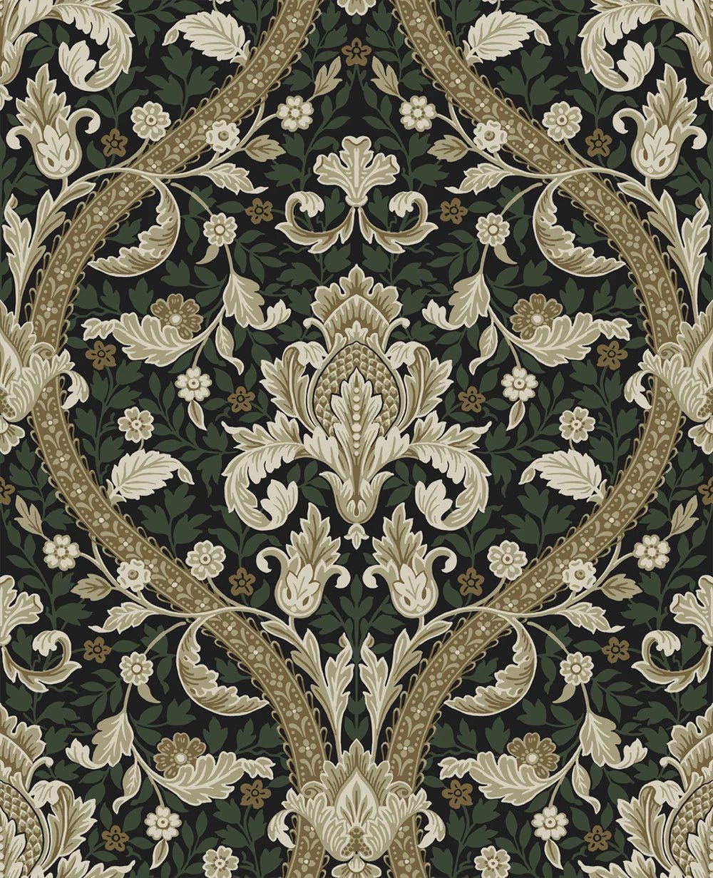 Acanthus Ogee Wallpaper - Ebony & Green - NextWall - NW59004 - Morris Wallpaper