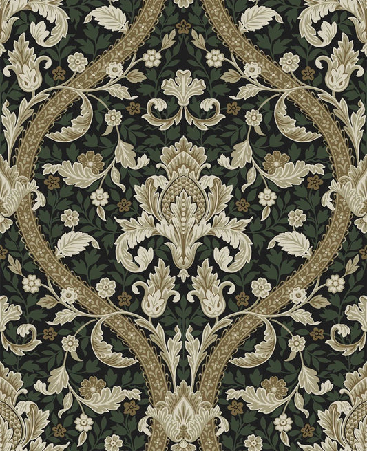 Acanthus Ogee Peel & Stick Wallpaper - Ebony & Green - NW59004