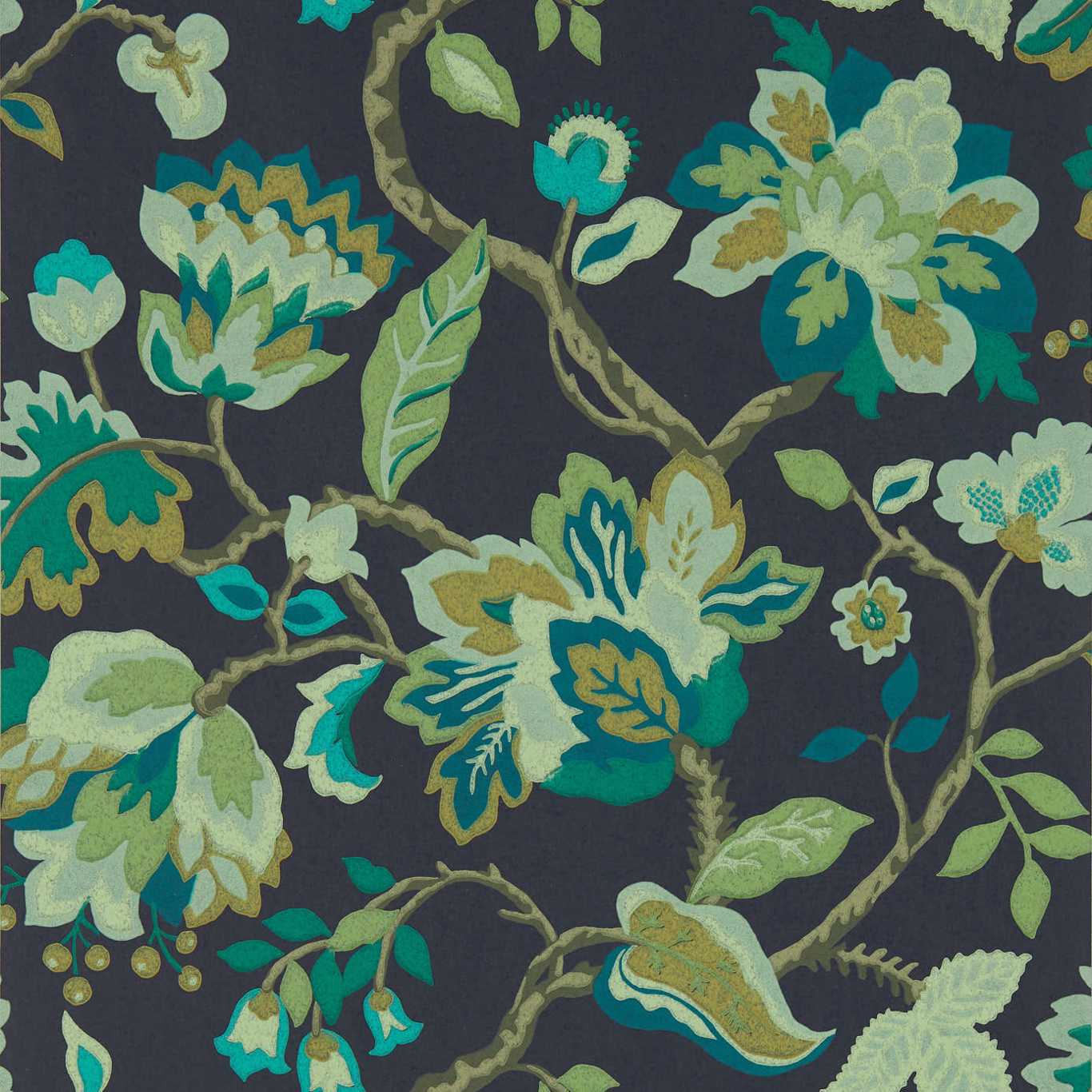 Amanpuri Wallpaper - Midnight/Eucalyptus - DOSW217044 - Sanderson - One Sixty - Morris Wallpaper