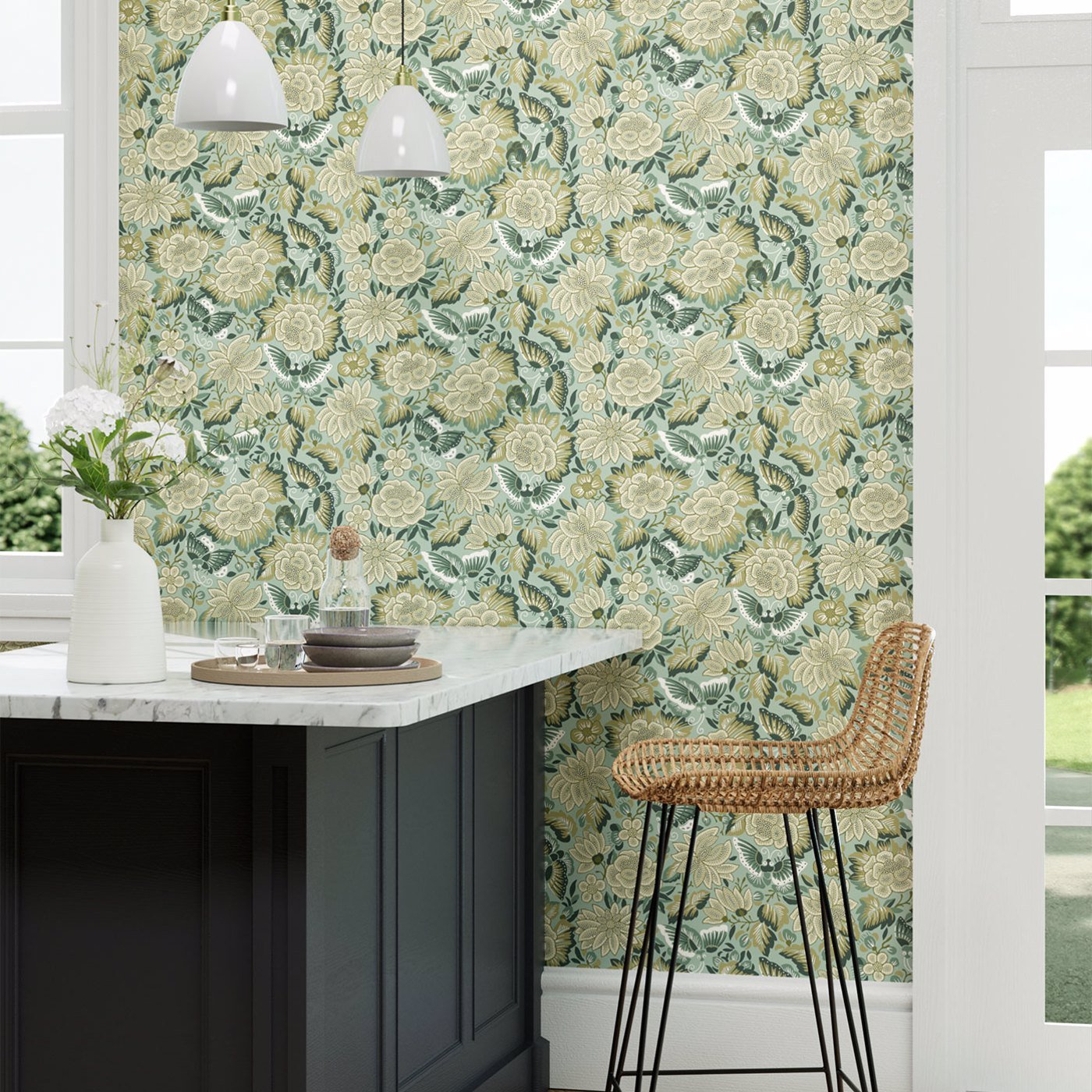 Amara Butterfly Wallpaper - Bamboo/ Fountain Green - DWAW217118 - Sanderson - Morris Wallpaper