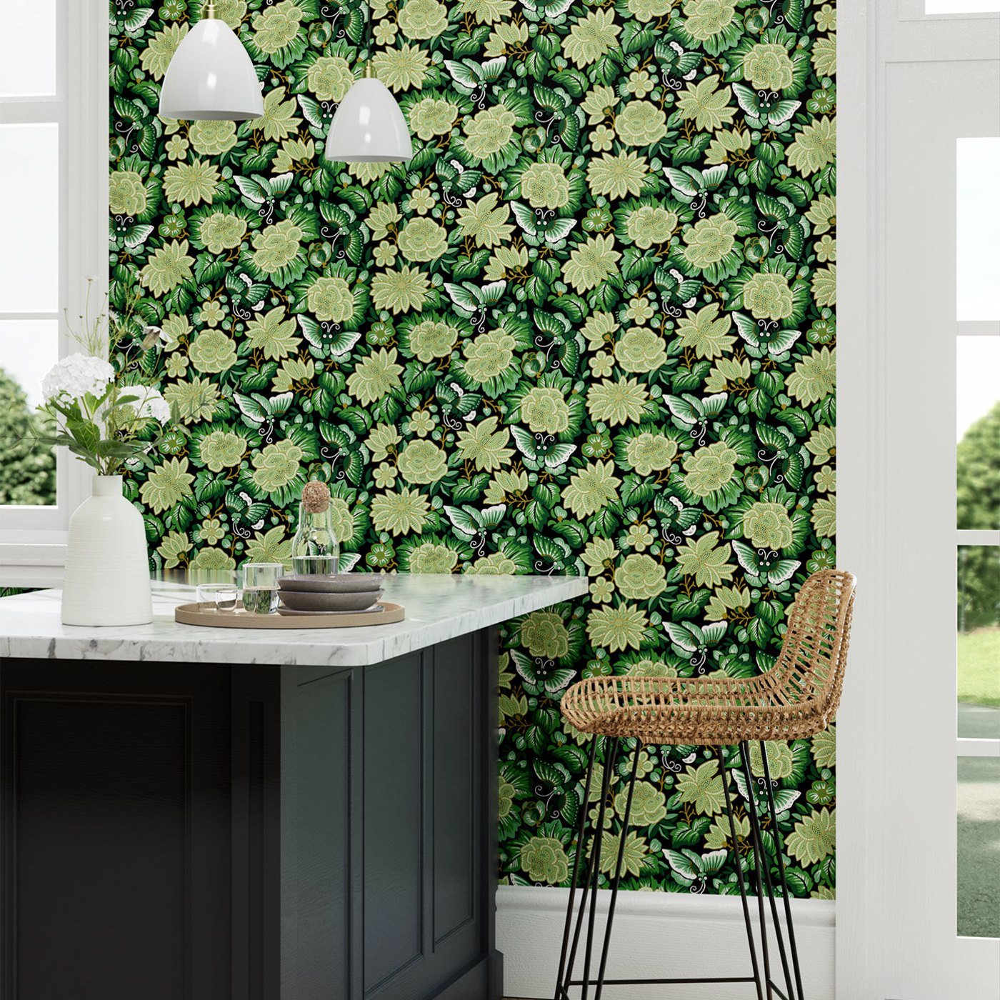Amara Butterfly Wallpaper - Emerald/Ink Black - DWAW217117 - Sanderson - Morris Wallpaper