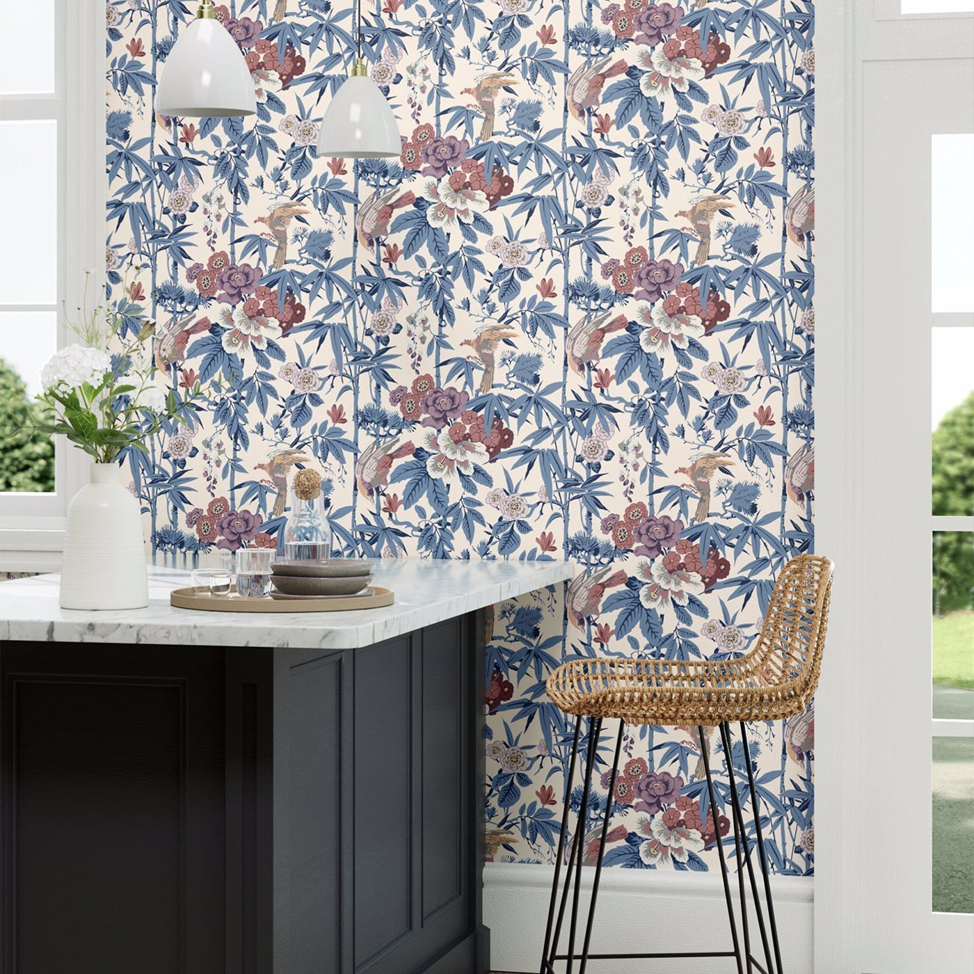Bamboo & Birds Wallpaper - China Blue /Lotus Pink - DWAW217129 - Sanderson