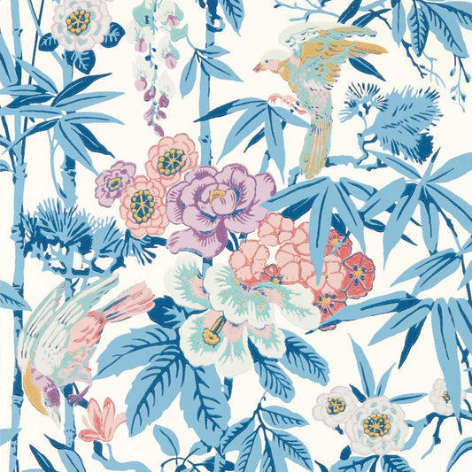 Bamboo & Birds Wallpaper - China Blue /Lotus Pink - WAW217129 - Sanderson - Morris Wallpaper