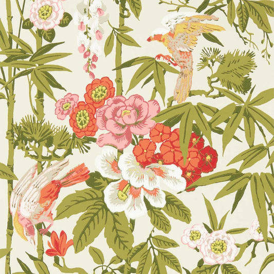 Bamboo & Birds Wallpaper - Mandarin Red/Olive - DWAW217128 - Sanderson - Morris Wallpaper