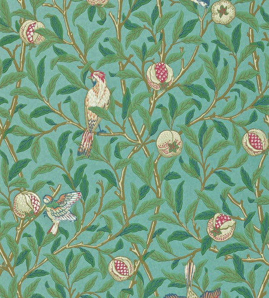 Bird & Pomegranate Wallpaper - Turquoise/Coral - 212538 - Morris & Co