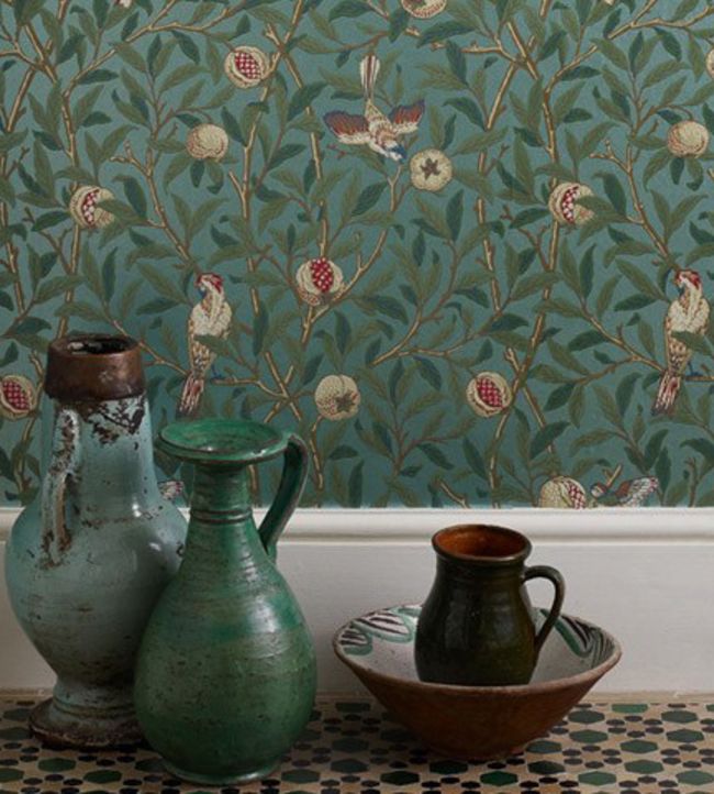 Bird & Pomegranate Wallpaper - Turquoise/Coral - 212538 - Morris & Co - Morris Wallpaper