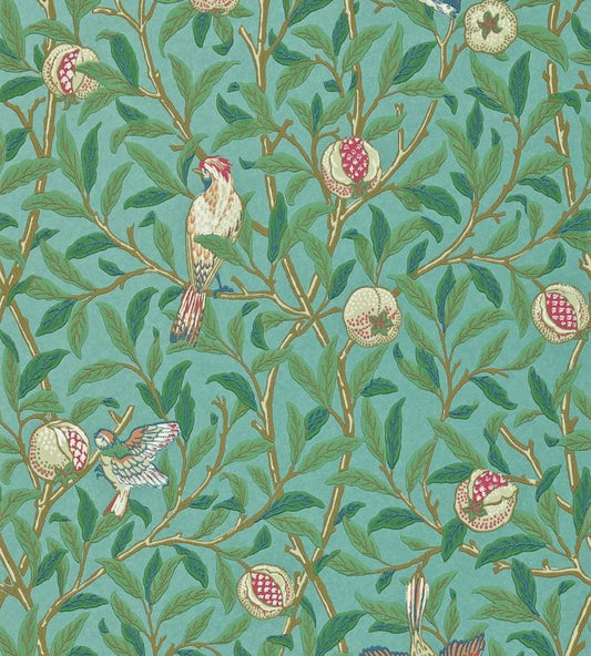 Bird & Pomegranate Wallpaper - Turquoise/Coral - DARW212538  - Morris & Co - Morris Wallpaper