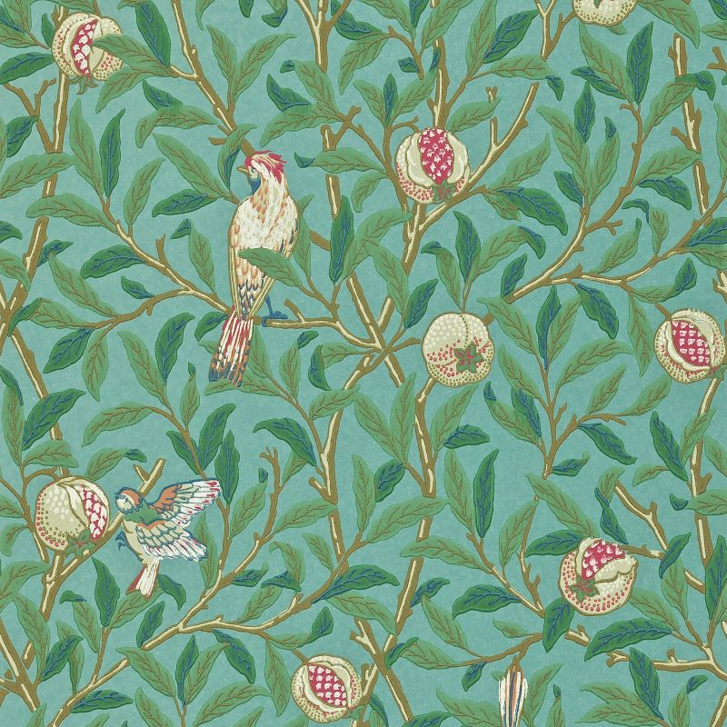 Bird & Pomegranate Wallpaper - Turquoise/Coral - Morris & Co - 216453 - Morris Wallpaper