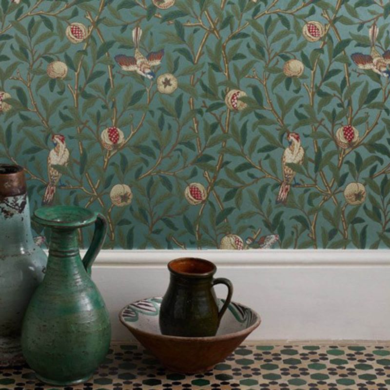 Bird & Pomegranate Wallpaper - Turquoise/Coral - Morris & Co - 216453 - Morris Wallpaper