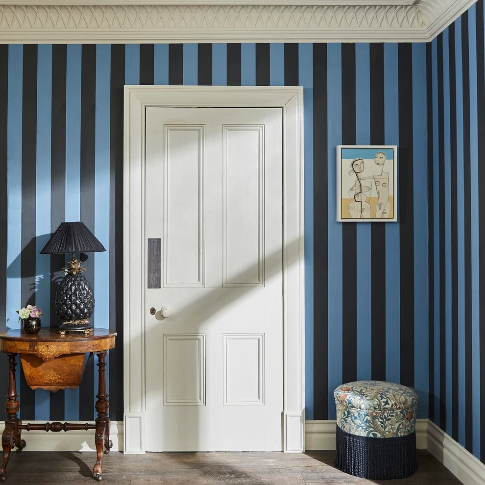 Camelot Stripe Traditional Wallpaper - Sky and Noir - House of Hackney - 1-WA-CAM-TR-SKN-XXX - Morris Wallpaper