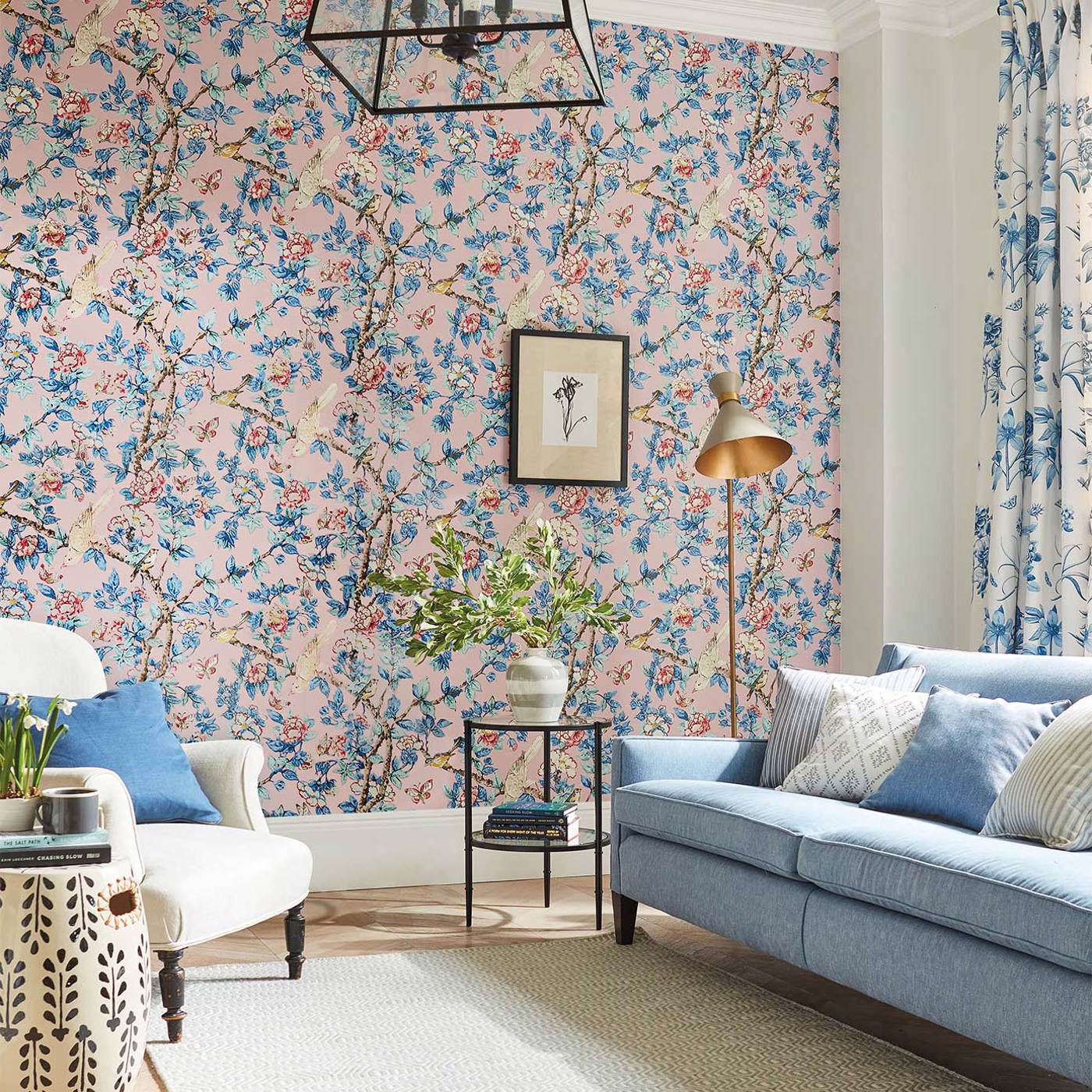 Caverley Wallpaper - Rose/French Blue - Sanderson - DOSW217035 - Morris Wallpaper
