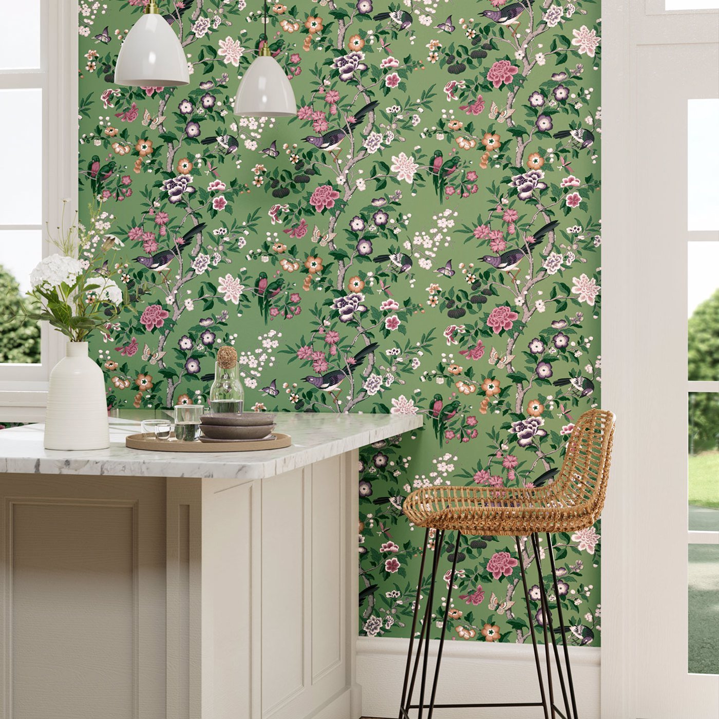 Chinoiserie Hall Wallpaper - Chinese Green/Lotus Pink - DWAW217110 - Sanderson - Morris Wallpaper