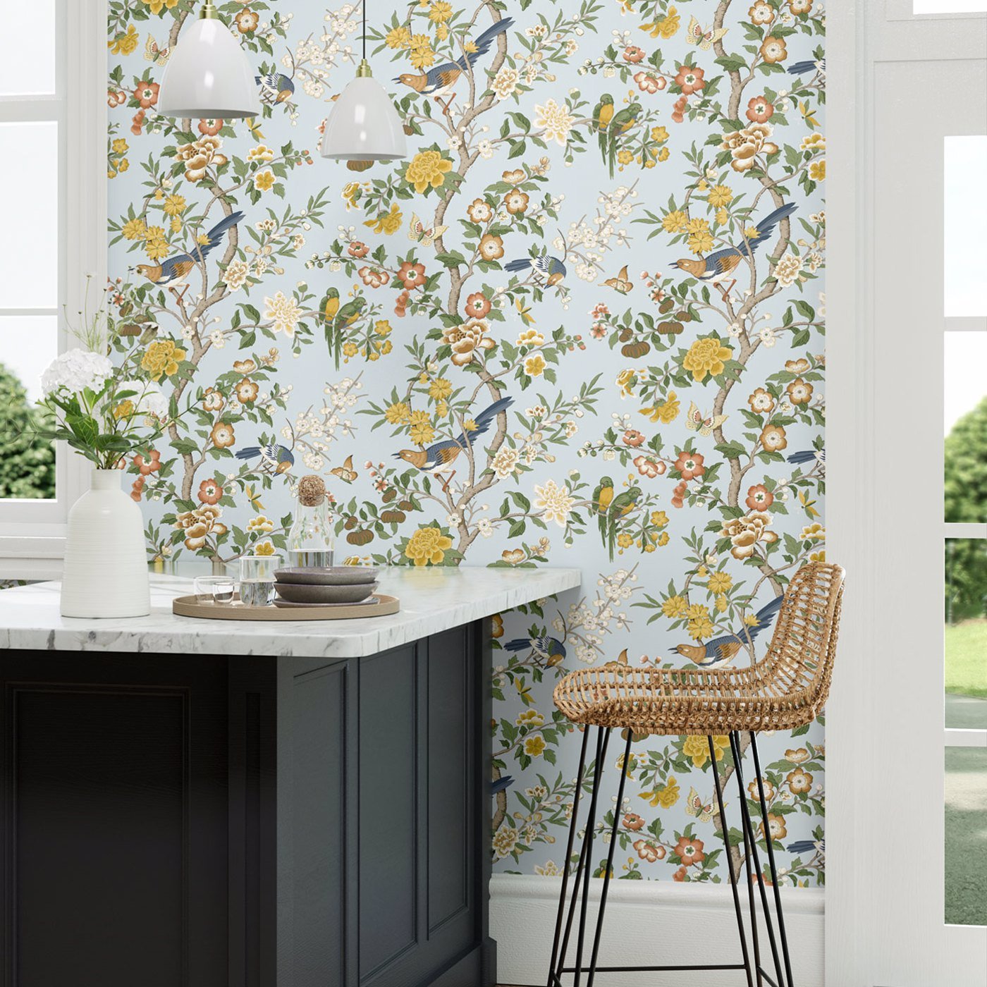 Chinoiserie Hall Wallpaper - Dawn Blue/Persimmon - DWAW217112 - Sanderson - Morris Wallpaper