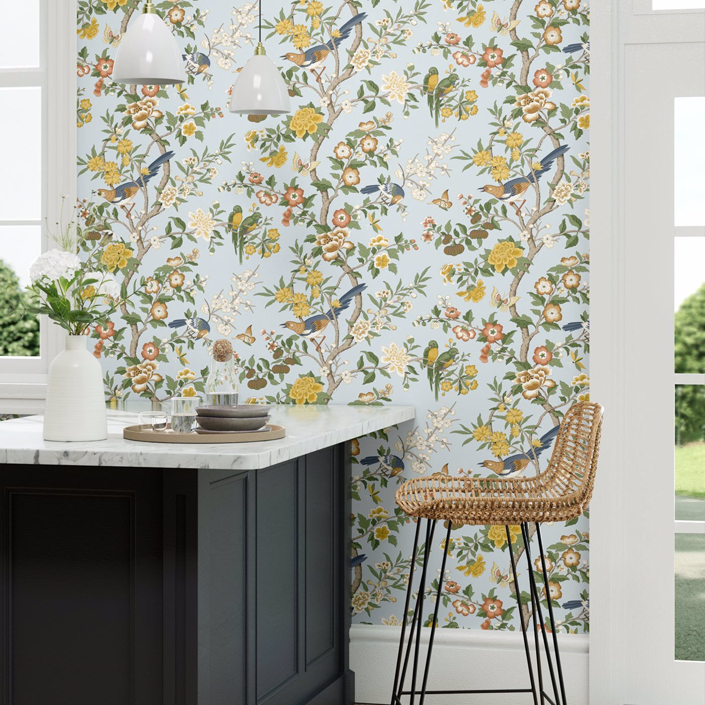 Chinoiserie Hall Wallpaper - Dawn Blue/Persimmon - Sanderson - DWAW217112 - Morris Wallpaper