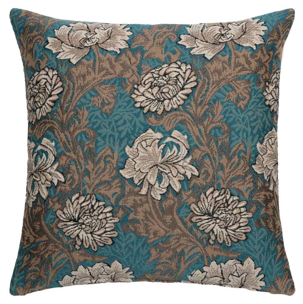 Chrysanthemums Aqua Regular Cushion with Feather Filler - Hines - 924 - Morris Wallpaper