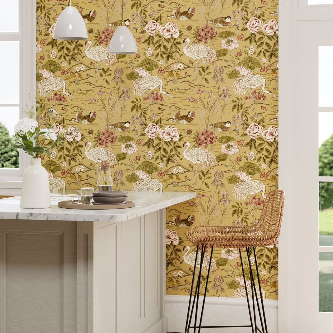 Crane & Frog Wallpaper - Honey/Olive - DWAW217124 - Sanderson - Morris Wallpaper