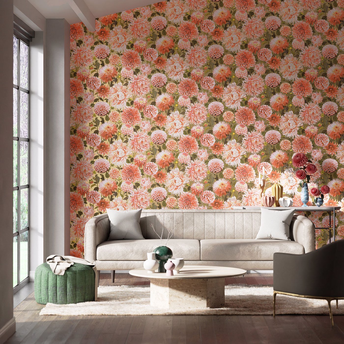 Dahlia Wallpaper - Coral/Fig Leaf/Gilver - Harlequin - HQN2112845 - Morris Wallpaper