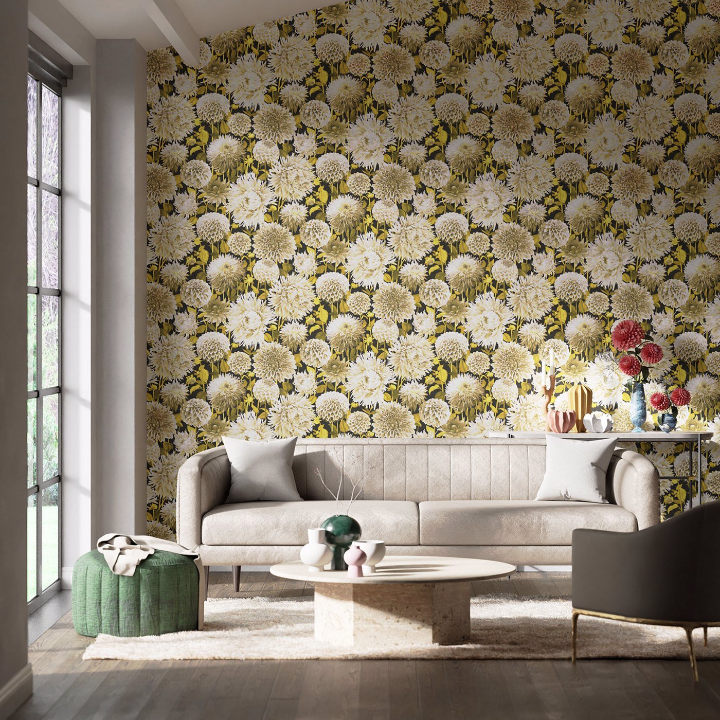 Dahlia Wallpaper - Fig Blossom/Nectar/Black Earth - Harlequin - HQN2112846 - Morris Wallpaper