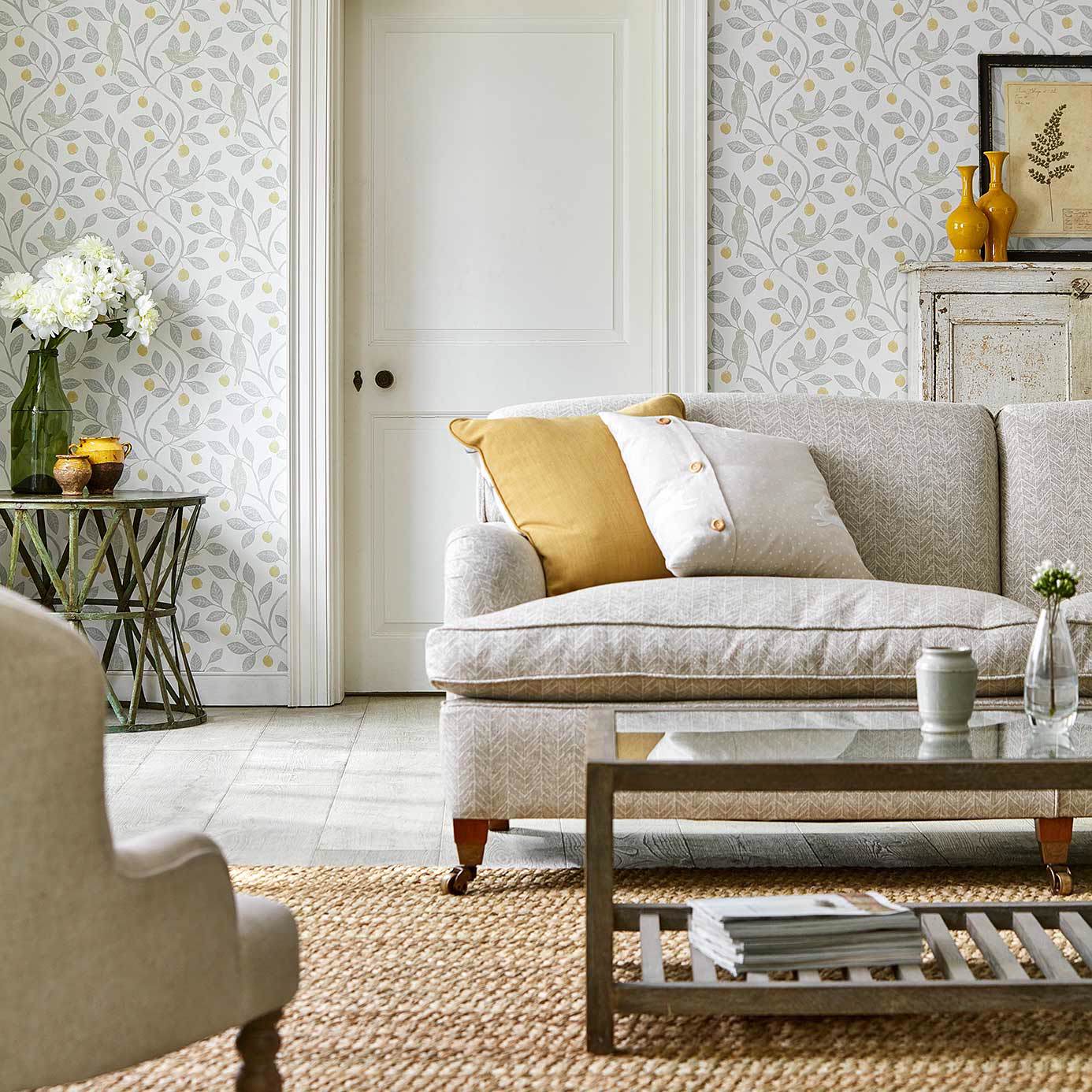 Damson Tree Wallpaper - Denim/Barley - Sanderson - DHPO216364 - Morris Wallpaper
