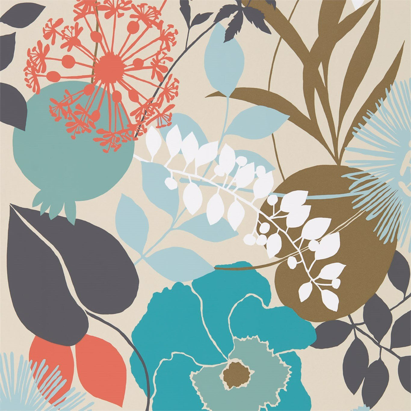 Doyenne Wallpaper - Sky/Olive/Coral - Harlequin - HSTO111493 - Morris Wallpaper