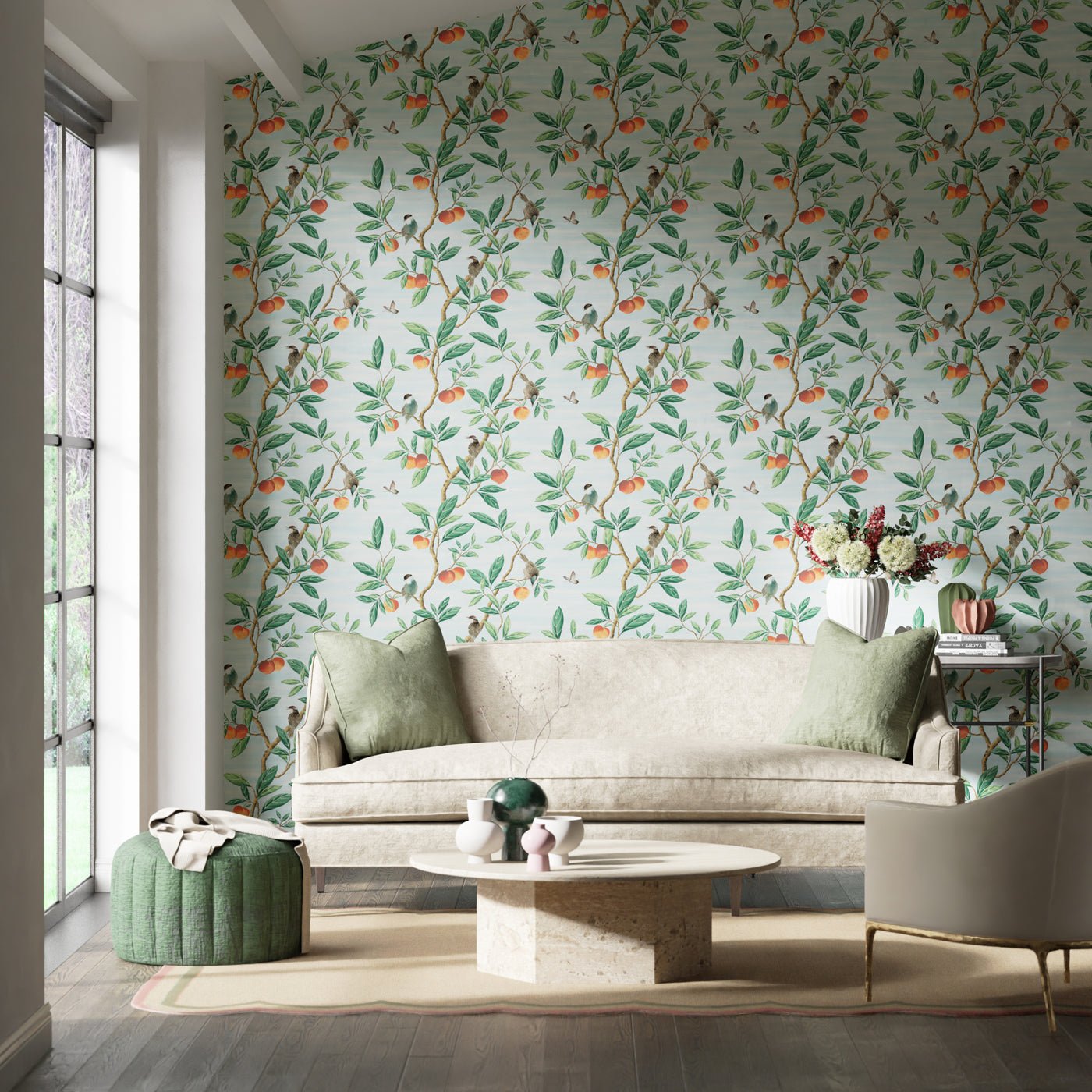 Ella Wallpaper - Sky/Fig Leaf/ Nectarine - Harlequin - HDHW112908 - Morris Wallpaper