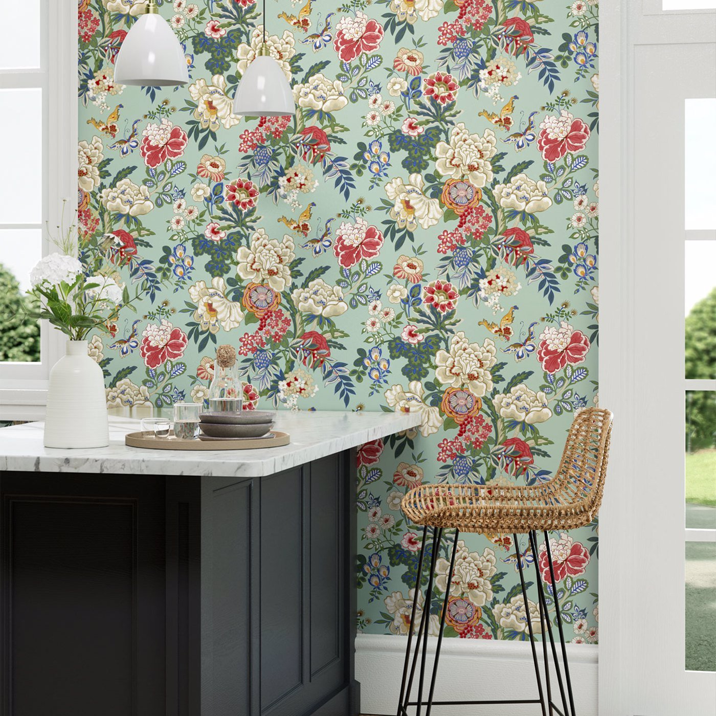 Emperor Peony Wallpaper - Jade/Apricot - Sanderson - DWAW217122 - Morris Wallpaper