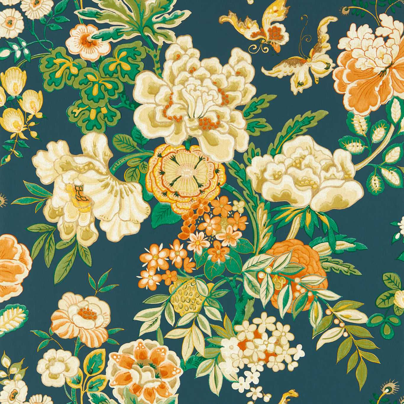 Emperor Peony Wallpaper - Midnight/Apricot - DWAW217120 - Sanderson - Morris Wallpaper